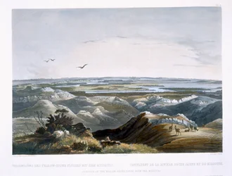 Skrzyżowanie rzeki Yellow Stone z Missouri, tablica 29 z tomu 2 „Podróże we wnętrzu Ameryki Północnej”, ryty: Friedrich Salathe (1793-1858) 1844 (akwatinta)